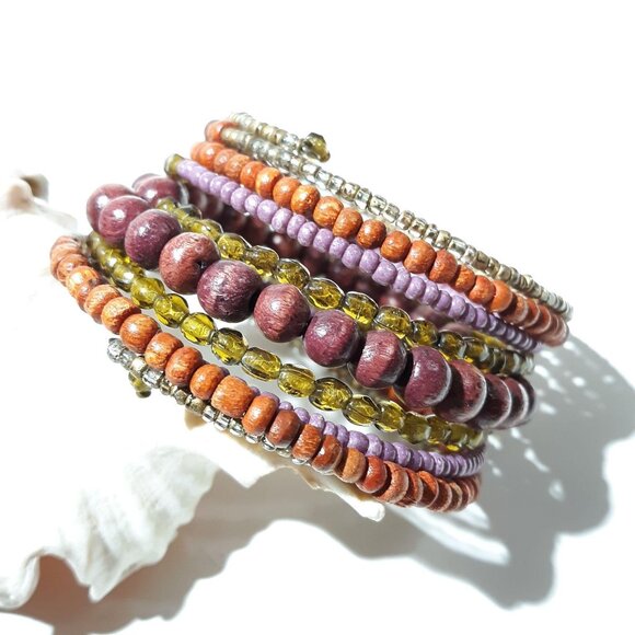 Beaded Memory Bead Cuff Bracelet Wood Glass Boho Exotic - Picture 1 of 5